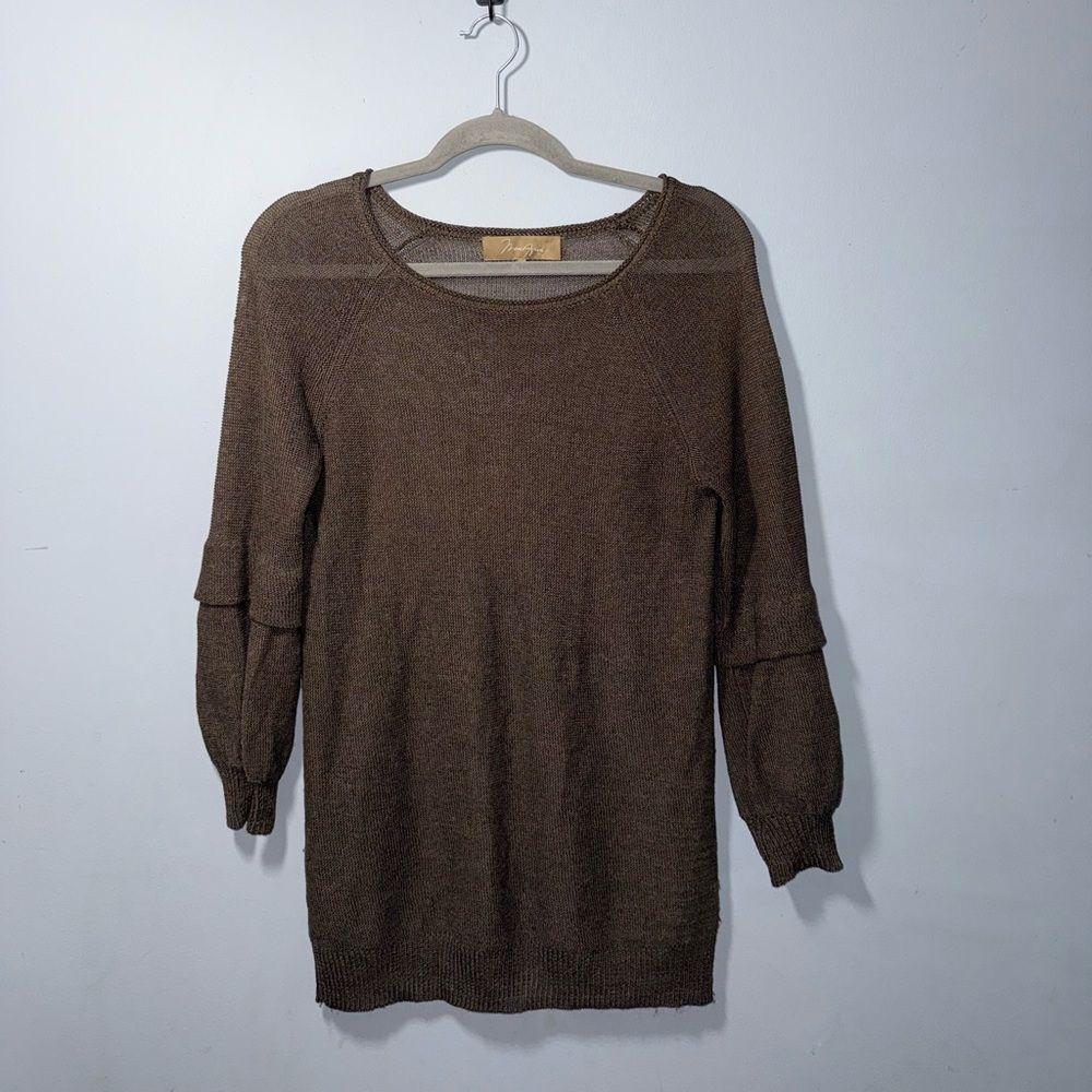 Max Azria Women’s Brown Open Knit Layered Sleeve Sheer Sweater XS EUC coastal